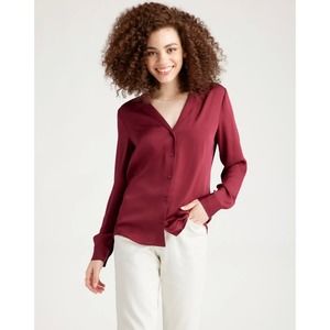 Quince Burgundy Washable Stretch Silk Notch Collar Blouse size Small NWT